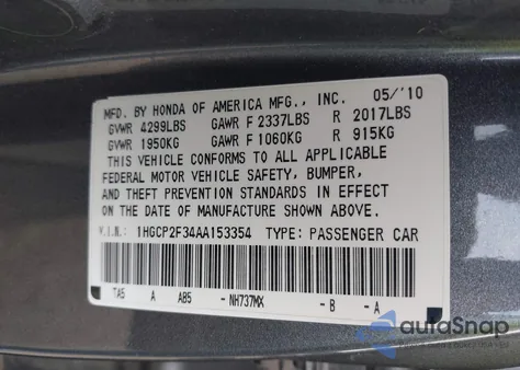 2010 Honda Accord 2.4 Lx z USA, uszkodzony, nr VIN 1HGCP2F34AA153354